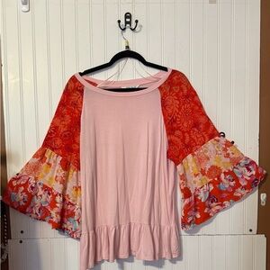 Pioneer women Vibrant Pink and Red Floral Sleeve Blouse Sz lg